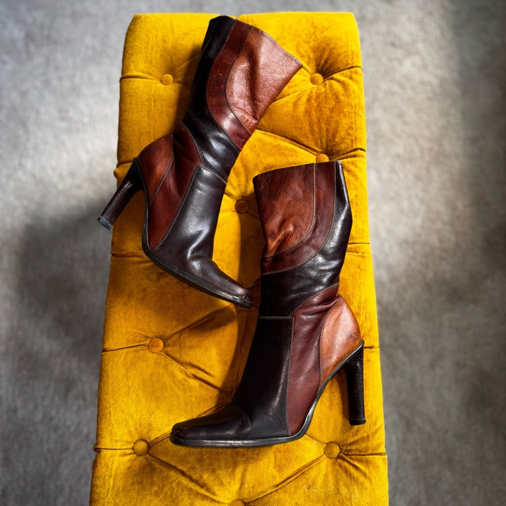 Faith VTG Patchwork Brown Tan Leather Square Toe Mid-calf Boots - Size 40/US 10